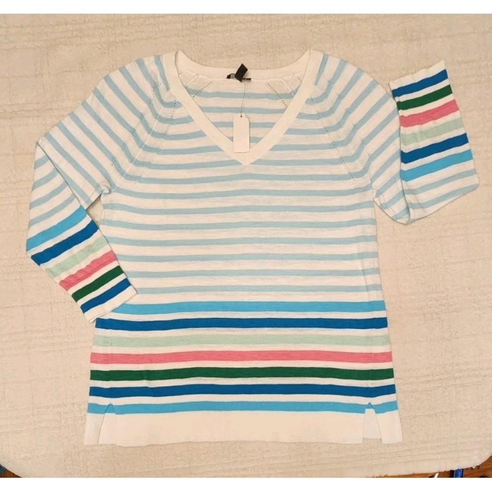 Talbots Women's XS White V-Neck Top Long Sleeve 100% Cotton Striped NWT